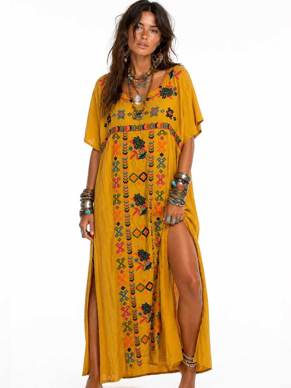 Shoreline Mustard Yellow Embroidered Maxi Dress